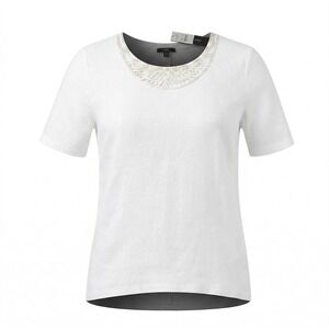 Talbots Petites White Linen‎ Blend Crochet Neck Short Sleeve Top Size LP NEW